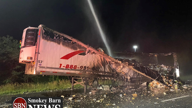 Tractor trailer carrying pumpkin pies catches fire on I-65 in Middle Tennessee (Smokey Barn News)